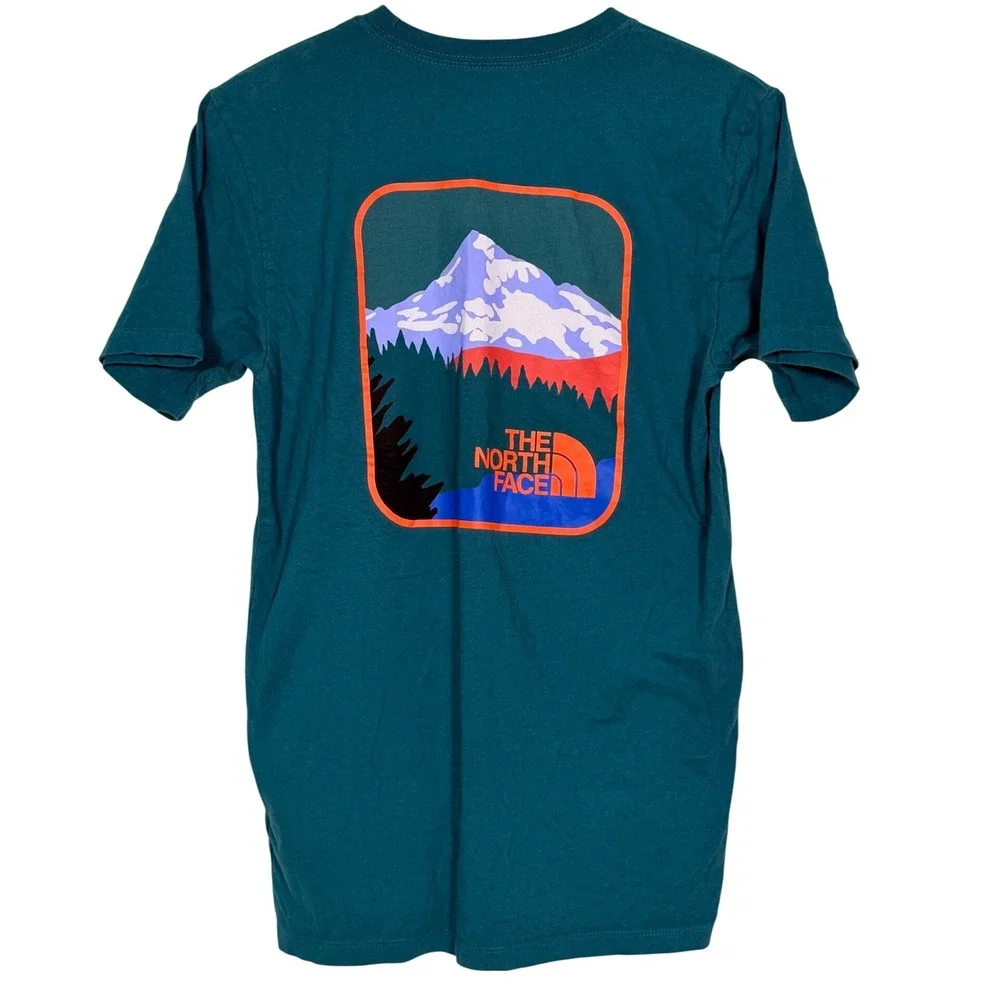 The North Face Mens Graphic T-Shirt Teal Orange Mountain Logo Short Sleeve S